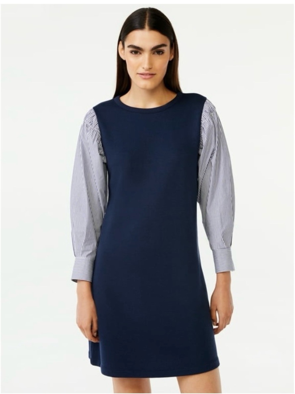 Free Assembly Women’s Navy Mini Dress with Striped & Buttoned Sleeves Sz L